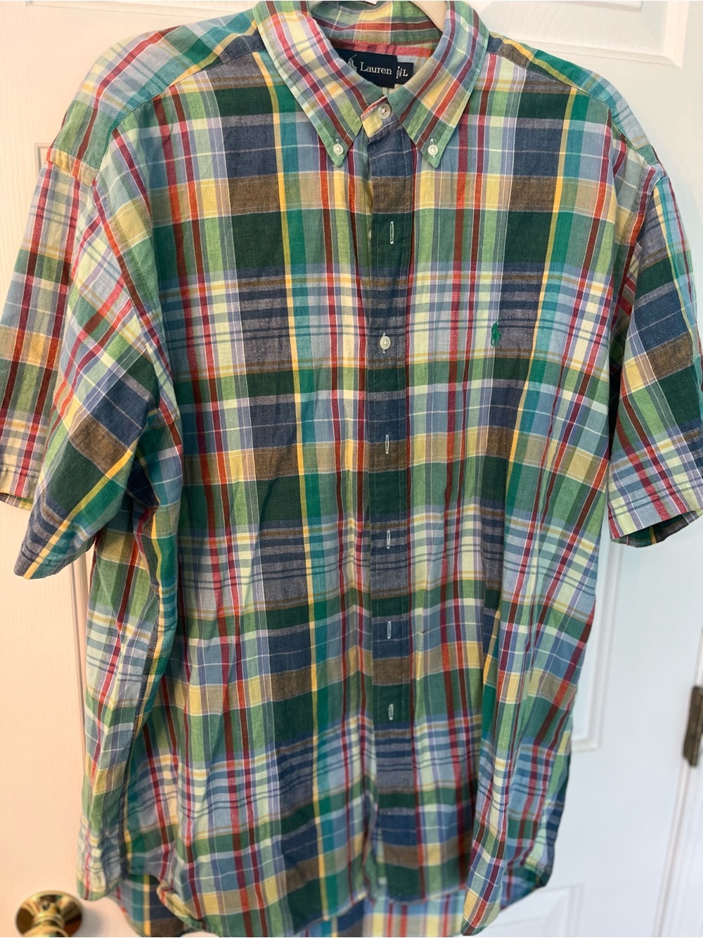 Ralph Lauren Green Plaid Madras Short-Sleeve Button-Down Shirt Large